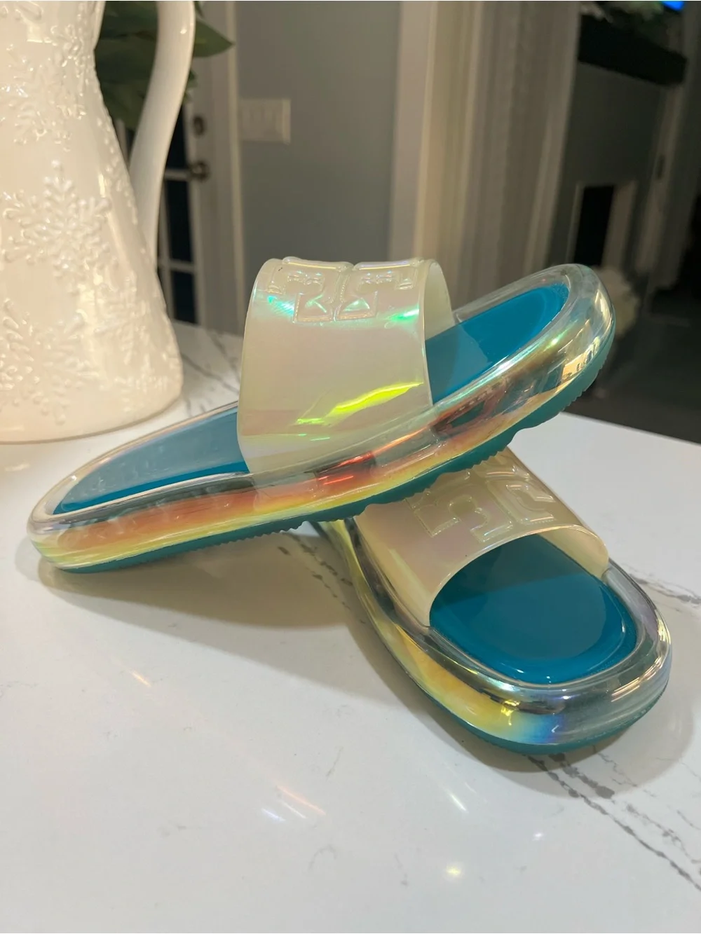 Tory Burch Green Teal Footbed Iridescent Slide Sandals size 7